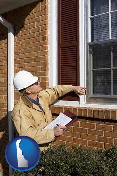 a building inspector inspecting home windows - with Delaware icon
