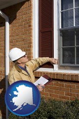 alaska map icon and a building inspector inspecting home windows