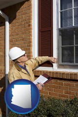 arizona map icon and a building inspector inspecting home windows