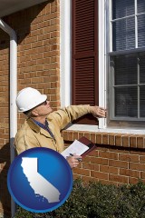 california map icon and a building inspector inspecting home windows