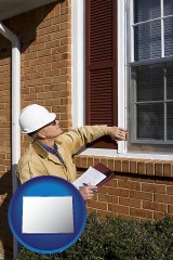colorado map icon and a building inspector inspecting home windows