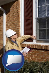 connecticut map icon and a building inspector inspecting home windows