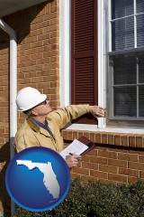 florida map icon and a building inspector inspecting home windows