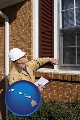 hawaii map icon and a building inspector inspecting home windows