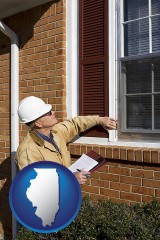 illinois map icon and a building inspector inspecting home windows