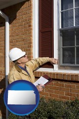 kansas map icon and a building inspector inspecting home windows