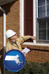 massachusetts map icon and a building inspector inspecting home windows