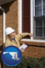 maryland map icon and a building inspector inspecting home windows