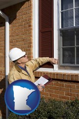 minnesota map icon and a building inspector inspecting home windows