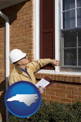 north-carolina map icon and a building inspector inspecting home windows