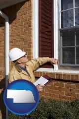 nebraska map icon and a building inspector inspecting home windows