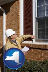 new-york map icon and a building inspector inspecting home windows