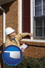 oklahoma map icon and a building inspector inspecting home windows