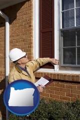 oregon map icon and a building inspector inspecting home windows