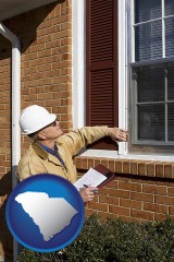 south-carolina map icon and a building inspector inspecting home windows