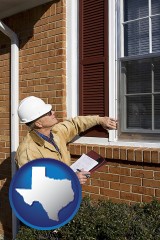 texas map icon and a building inspector inspecting home windows
