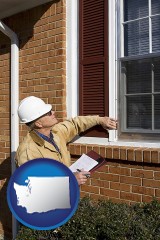 washington map icon and a building inspector inspecting home windows