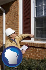 wisconsin map icon and a building inspector inspecting home windows